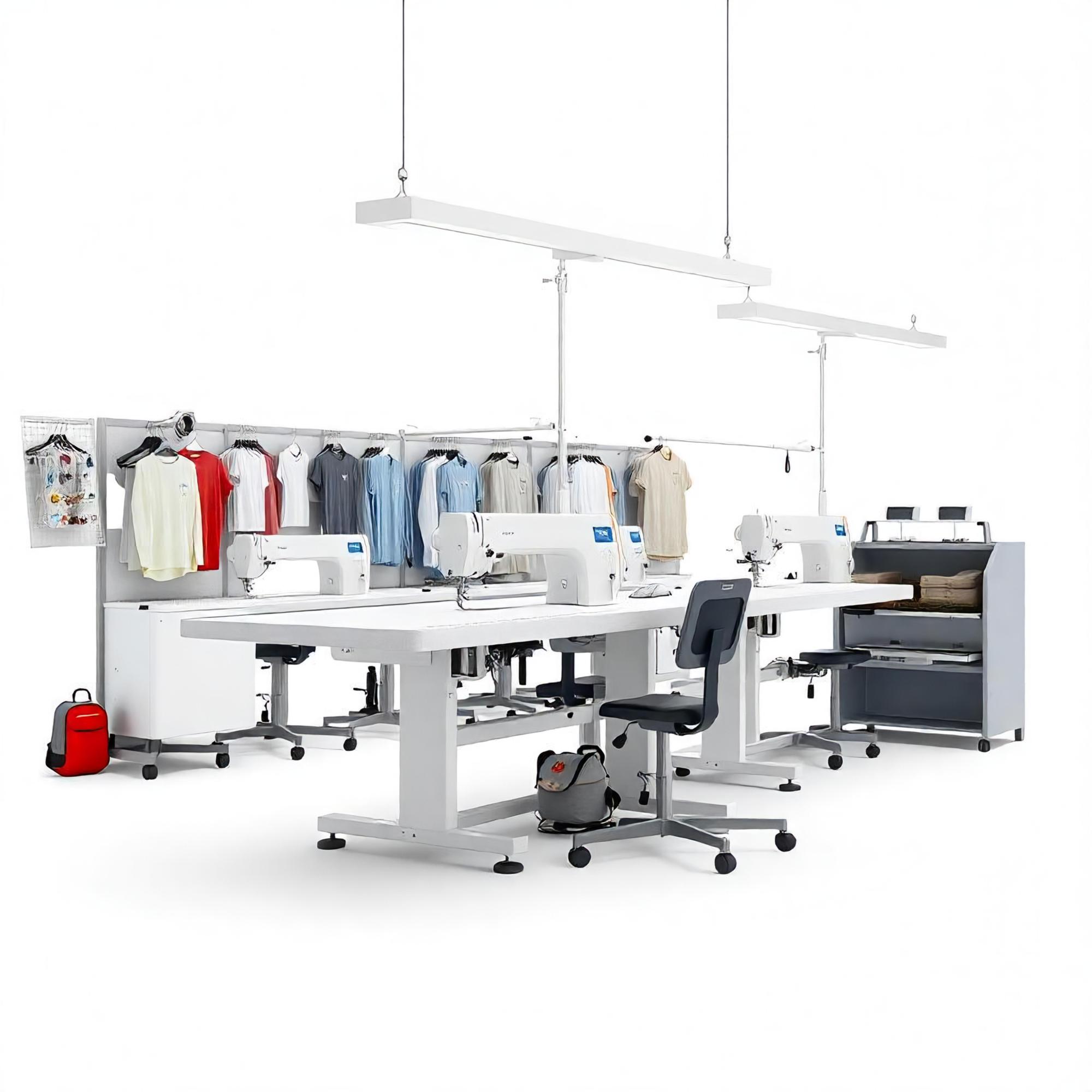Workshop interior with embroidery machines and samples